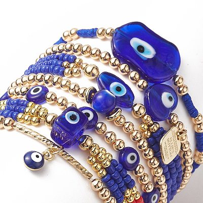 7Pcs 7 Style Evil Eye Lampwork & Glass Seed & Brass Beaded Stretch Bracelets Set for Women BJEW-JB09249-03-1