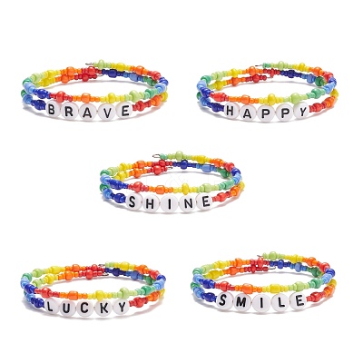 Colorful Acrylic Word & Glass Seed Beaded Wrap Bangle BJEW-JB08561-1