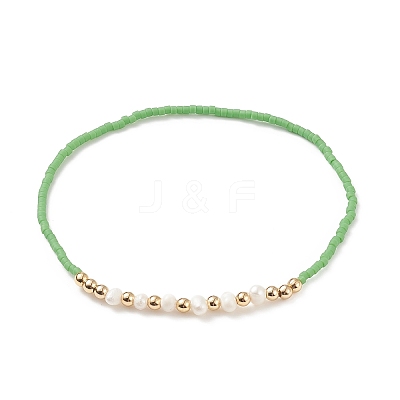 Natural Pearl & Glass Seed & Brass Beaded Stretch Bracelet for Women BJEW-JB08977-1