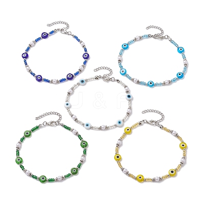 Handmade Evil Eye Lampwork & Glass Seed Beaded Anklets AJEW-AN00573-1