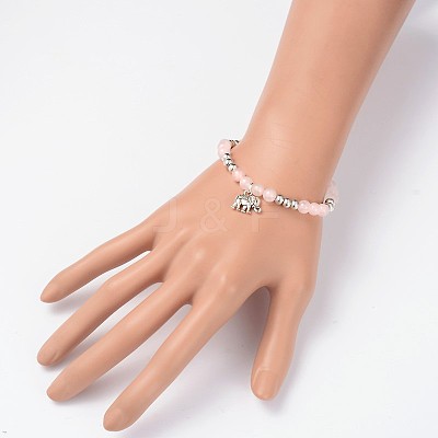 Natural Rose Quartz Beaded Elephant Charm Stretch Bracelets BJEW-JB01974-01-1