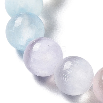 Macaron Color Dyed Natural Selenite Round Beaded Stretch Bracelet BJEW-D024-01-1