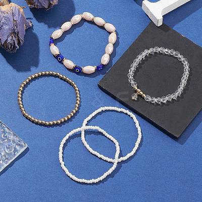 5Pcs 5 Style Glass & Lampwork Evil Eye Stretch Bracelets Set BJEW-JB09619-03-1