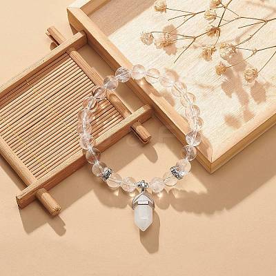Natural Quartz Crystal Round Beaded Stretch Bracelet with Bullet Charms BJEW-JB09018-03-1