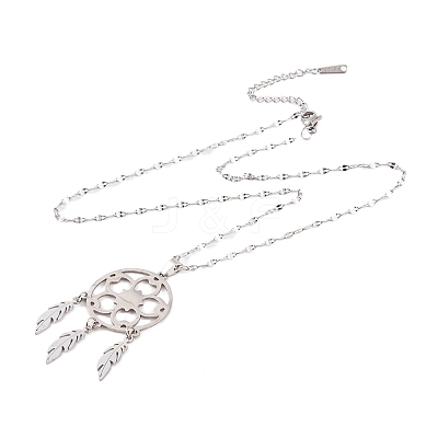 Non-Tarnish Woven Net/Web with Feather 201 Stainless Steel Boho Pendant Necklaces for Women NJEW-G087-04P-1
