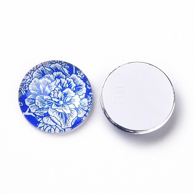 Blue and White Floral Printed Glass Cabochons GGLA-A002-20mm-XX-1