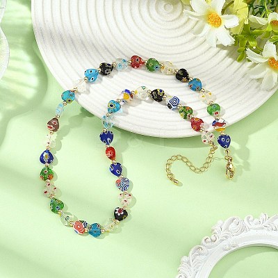Heart Handmade Millefiori Glass Beaded Necklaces NJEW-JN06605-1