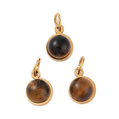 Ion Plating(IP) Natural Tiger Eye Half Round Charms with Jump Ring STAS-A097-05G-05-1