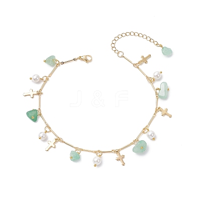 Natural Green Aventurine Chip & Round Shell Pearl Cross Tassel Anklets AJEW-AN00716-02-1