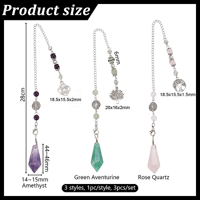 3Pcs 3 Styles Bullet Natural Amethyst & Green Aventurine & Rose Quartz Dowsing Pendulums PALLOY-GO00041-1