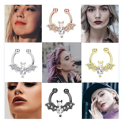 316L Stainless Steel Clear Cubic Zirconia Halloween Bat Clip-on Nose Septum Rings WG4B0C3-02-1