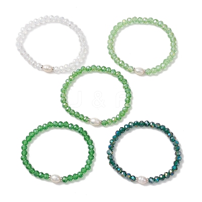 5Pcs Glass & Natural Cultured Freshwater Pearl Beads Stretch Bracelets for Women BJEW-JB13521-1