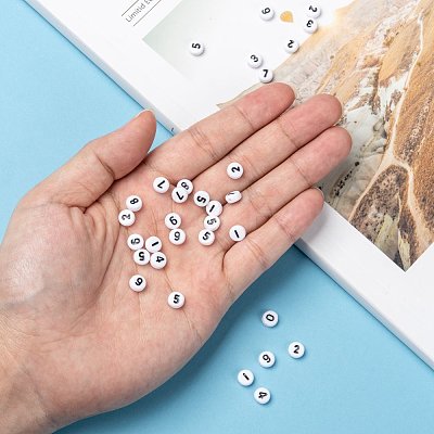 Mix Numbers White Flat Round Acrylic Beads X-PB9111-1