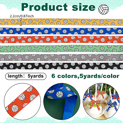 6 Rolls 6 Colors Polyester Volleyball Printed Grosgrain Ribbon OCOR-HY0002-25-1
