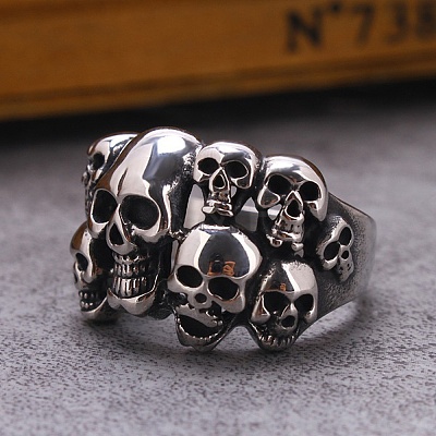 Steam Punk Style Stainless Steel Multi-Skull Finger Rings SKUL-PW0005-08D-1