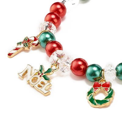Acrylic Pearl Beaded Stretch Bracelet with Alloy Enamel Charms BJEW-JB08292-1