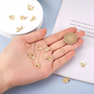 12Pcs 6 Style Brass Micro Pave Clear Cubic Zirconia Charms KK-FW0001-11-1