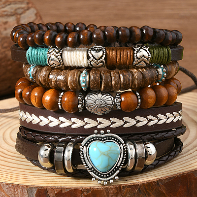 6Pcs 6 Styles Wood & Synthetic Turquoise & Alloy Beaded Stretch Bracelets & Braided Bracelets for Women BJEW-CL0001-60-1