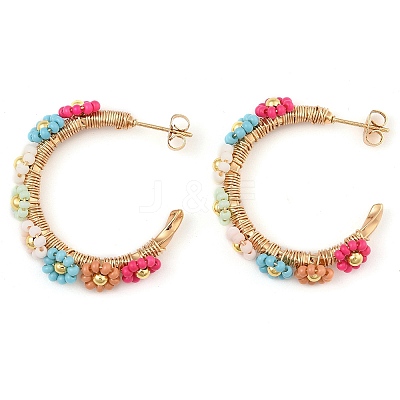304 Stainless Steel & Bohemian Beaded C-Shaped with Flower Stud Earrings for Women EJEW-R001-03G-01-1