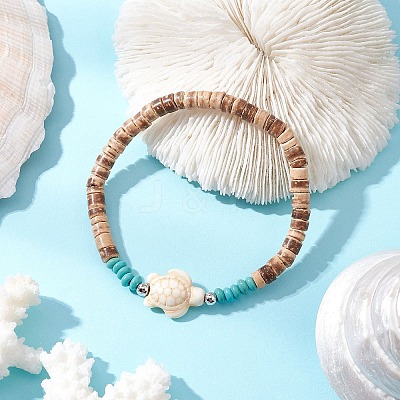 2Pcs Starfish & Tortoise Natural Coconut with Synthetic Turquoise Beads Stretch Bracelets for Men Women BJEW-JB11743-1