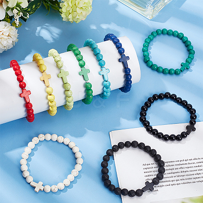 10Pcs 10 Style Natural Lava Rock & Dyed Synthetic Turquoise Cross Beaded Stretch Bracelets Set BJEW-AN0001-76-1