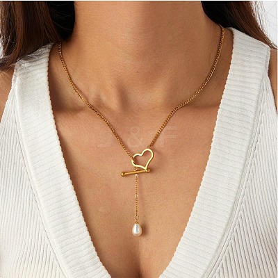 Adjustable Plastic Imitation Pearl Teardrop Tassel 304 Stainless Steel Heart OT Clasps Lariat Necklaces for Women SA-CBA364C-01G-1