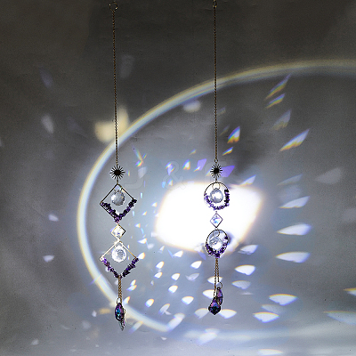 2Pcs 2 Style Teardrop K9 Glass & Natural Amethyst Chip Pendant Decorations HJEW-GO0001-04-1