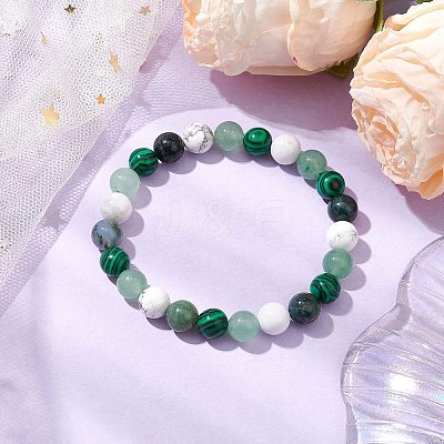 8.5mm Round Natural Moss Agate & Howlite & Natural Green Aventurine & Synthetic Malachite Bead Stretch Bracelets for Women BJEW-JB10944-04-1