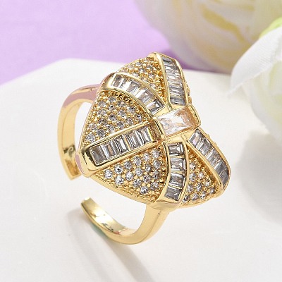 Brass Micro Pave Clear Cubic Zirconia Cuff Rings for Women RJEW-C126-03G-1
