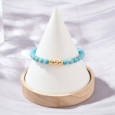 Faceted Round Synthetic Turquoise & Brass Beaded Bracelets KK-H299-02G-1