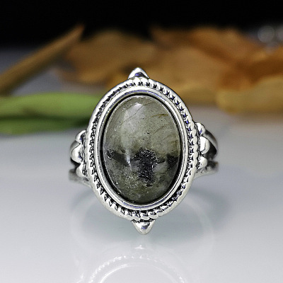 Oval Zinc Alloy Natural Labradorite Finger Rings WG970F5-03-1