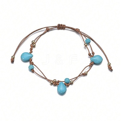 Bohemian Style Teardrop Synthetic Turquoise & CCB Plastic Round Waxed Cord Braided Double Layer Anklets for Women FS-WGDC0FD-01-1