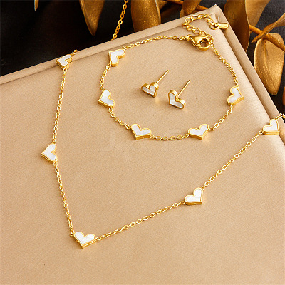Heart Stainless Steel & Natural Shell Necklaces & Stud Earrings & Bracelets Sets FS-WGB84F7-01-1