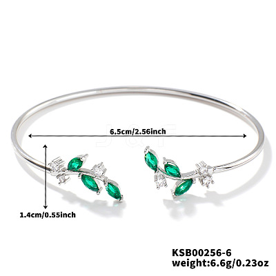 Elegant Brass Cubic Zirconia Leaf Cuff Bangles for Women VL7639-6-1