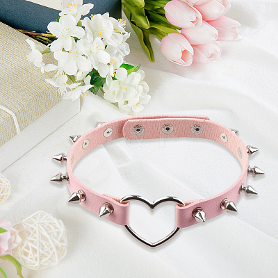 Adjustable Adjustable Gothic PU Leather Alloy Spike Rivet Heart Choker Necklaces for Women NJEW-WH20816-006P-D-1