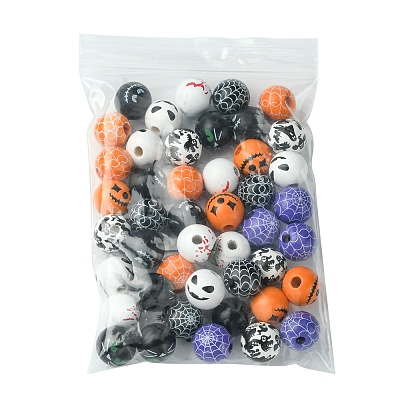 45Pcs 9 Colors Printed Round Wood European Beads WOOD-FS0001-21-1