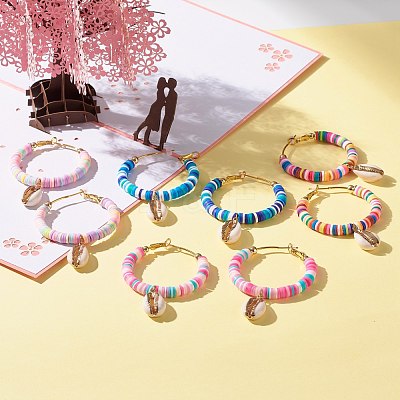 Big Ring with Cowrie Shell Dangle Huggie Hoop Earrings EJEW-JE04732-1