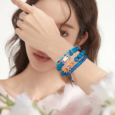 5Pcs 5 Style Wood & Glass Seed & Acrylic Beaded Stretch Bracelets Set with Baseball JB709A-1