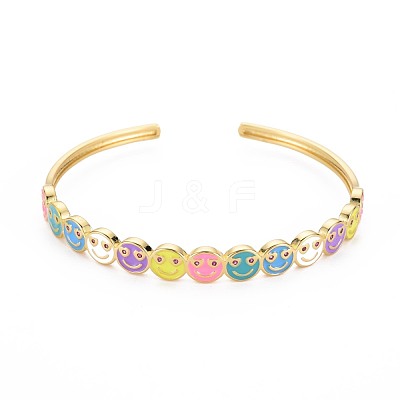 Smiling Face Enamel Cuff Bangle BJEW-S141-09-1