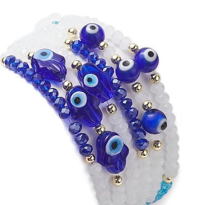 6Pcs 6 Style Glass & Lampwork Evil Eye & Hamsa Hand Beaded Stretch Bracelets Set BJEW-JB09415-1