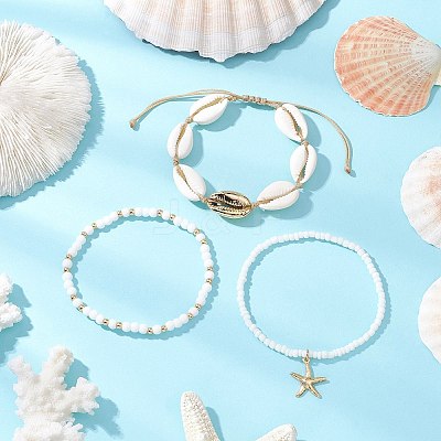 3Pcs 3 Styles Glass Seed Beads Stretch Bracelets & Charm Bracelets & Natural Mixed Cowrie Shell Beads Braided Bracelets BJEW-TA00639-1