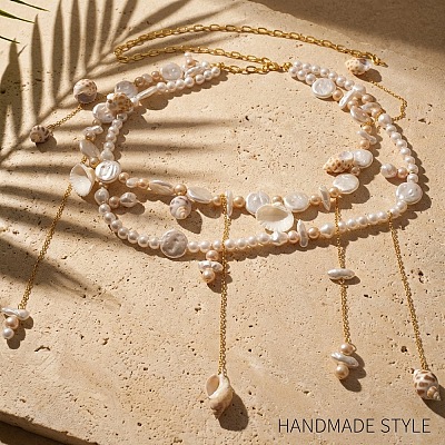 Summer Beach Alloy Imitation Pearl and Natural Shell Tassel Waist Beads for Bikini WG13900-02-1