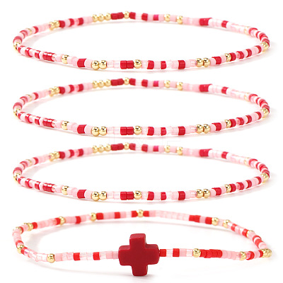 4Pcs Vintage Cylinder Seed Beads & Brass Beaded Bracelet Sets VC6317-4-1