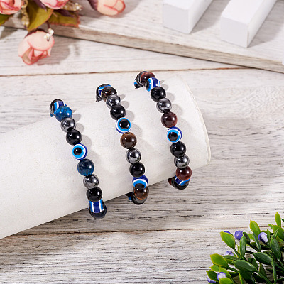 10MM Round Natural Tiger Eye & Obsidian & Evil Eye Bead Stretch Bracelets for Women Men BJEW-TA0001-19-1