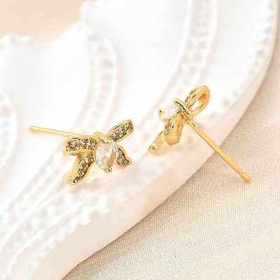 Bowknot Brass Micro Pave Clear Cubic Zirconia Stud Earrings EJEW-G433-05G-1