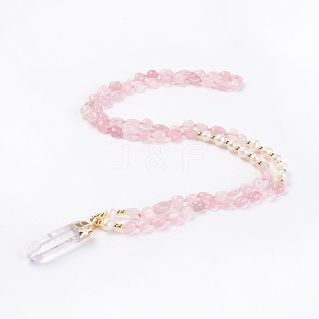 Natural Rose Quartz and Natural Quartz Crystal Pendant Necklaces NJEW-I220-03-1