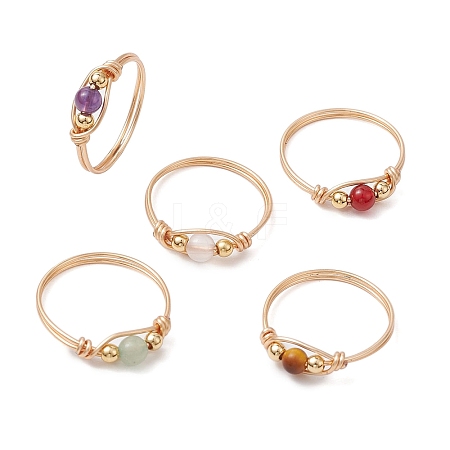 Copper Wire Wrapped Round Natural Green Aventurine & Rose Quartz & Tiger Eye & Amethyst & Carnelian Finger Rings for Women RJEW-JR00774-1