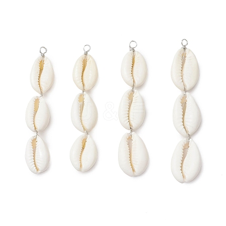 3 Natural Cowrie Shell Beaded Big Pendants PALLOY-JF03807-1
