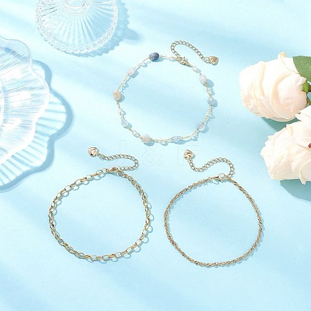 Natural Labradorite Nuggets & 304 Stainless Steel Link Chain 3 Layer Anklets for Women AJEW-AN00743-03-1