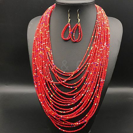 Ethnic Style Acrylic Seed Beaded Multilayer Necklaces & Teardrop Dangle Earrings Sets WGF31E6-03-1